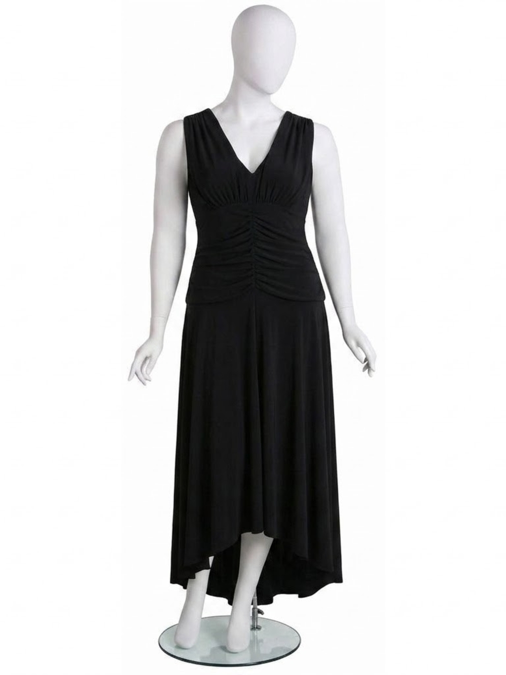 Algo Ruched V-Neck Hi-Lo Midi Dress Size 10 Black Made in Canada